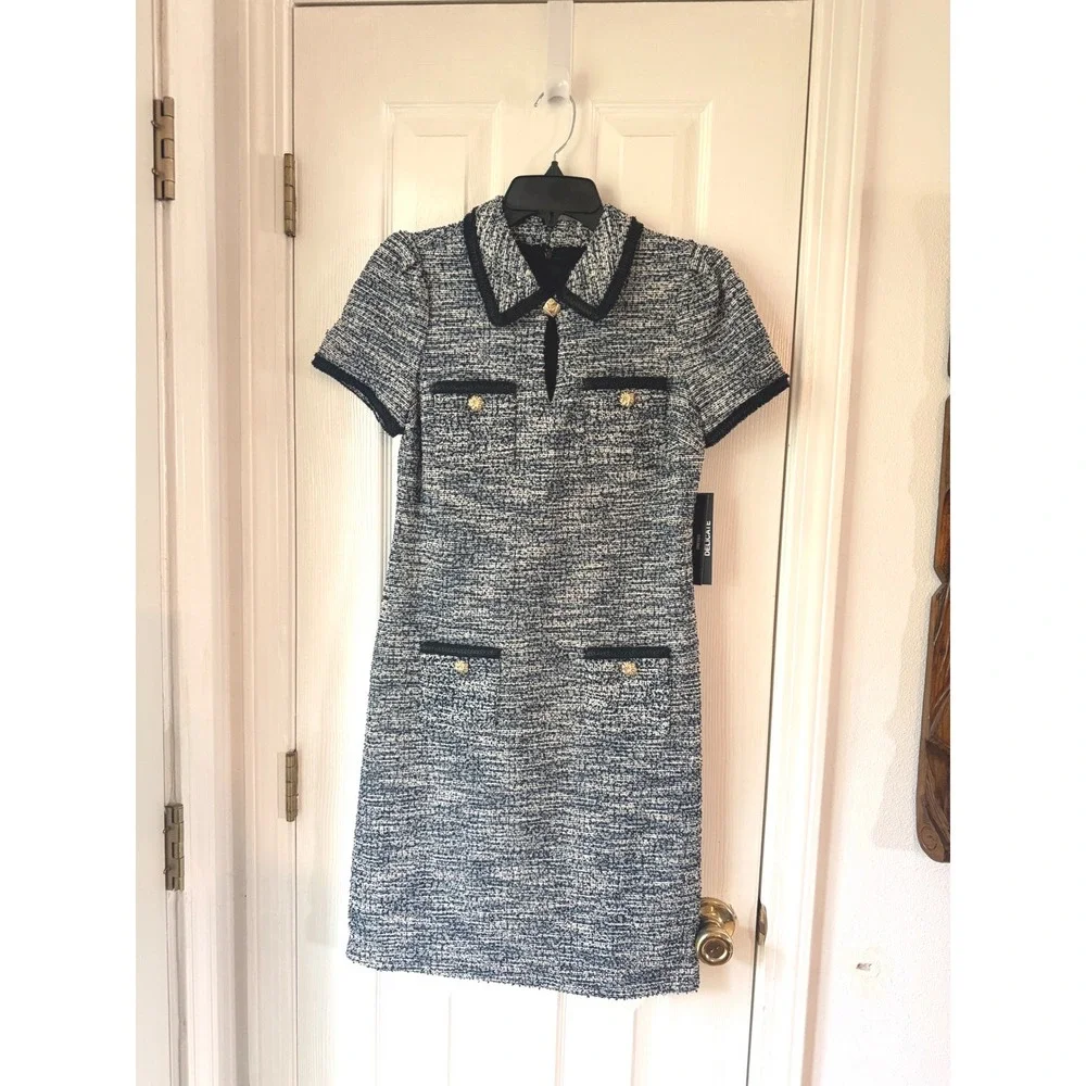 Karl Lagerfeld Paris Tweed Dress Beacon Blue Teal Multi LD5KAK18 Size 4 NWT - Picture 3 of 7
